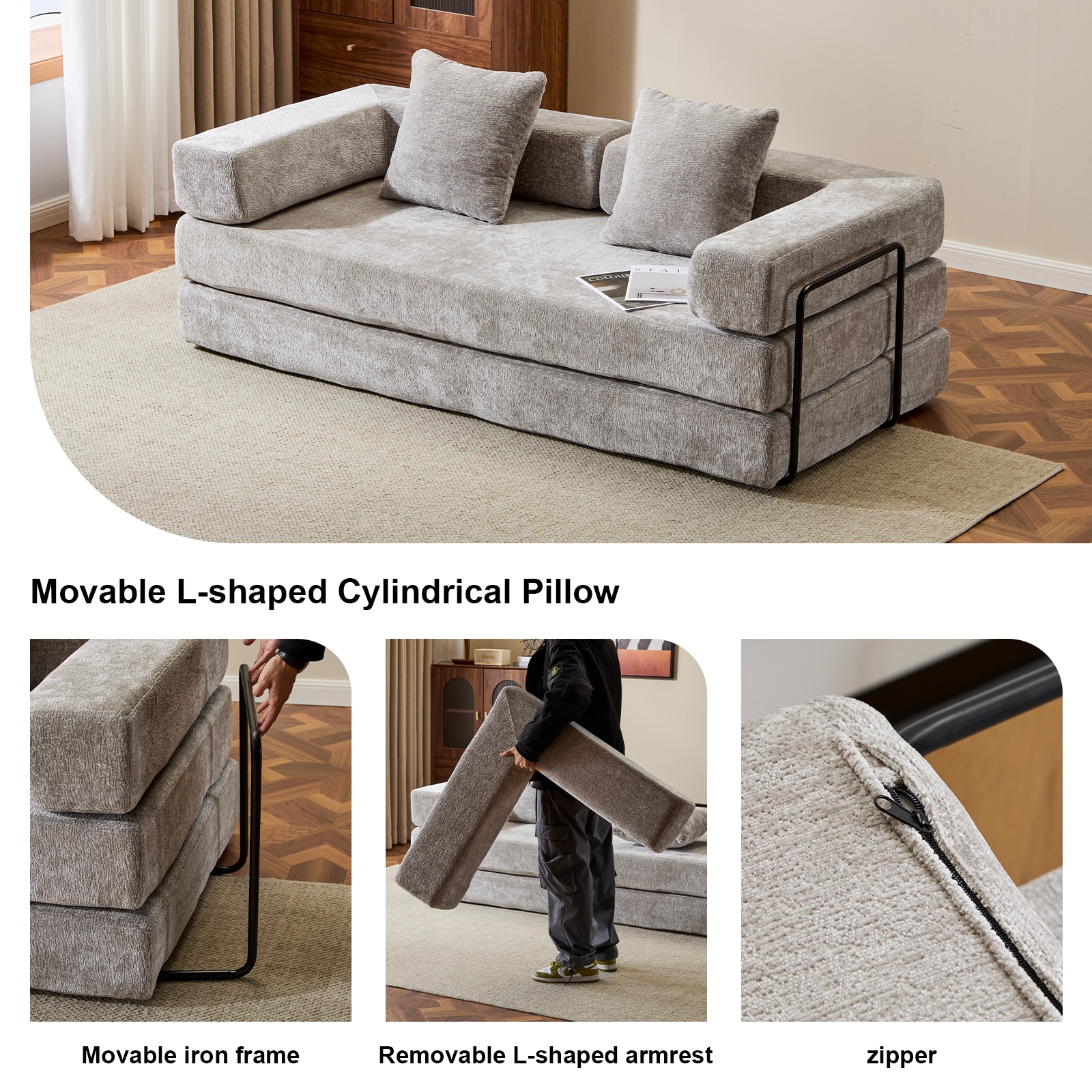 Floor Couch,Compression Sofa,Convertible Floor Sofa Bed-with Pillow Back Support Armrest,Comfy Futon Couch Lounge Sleeper Bed (Light-Grey)_voghion.com